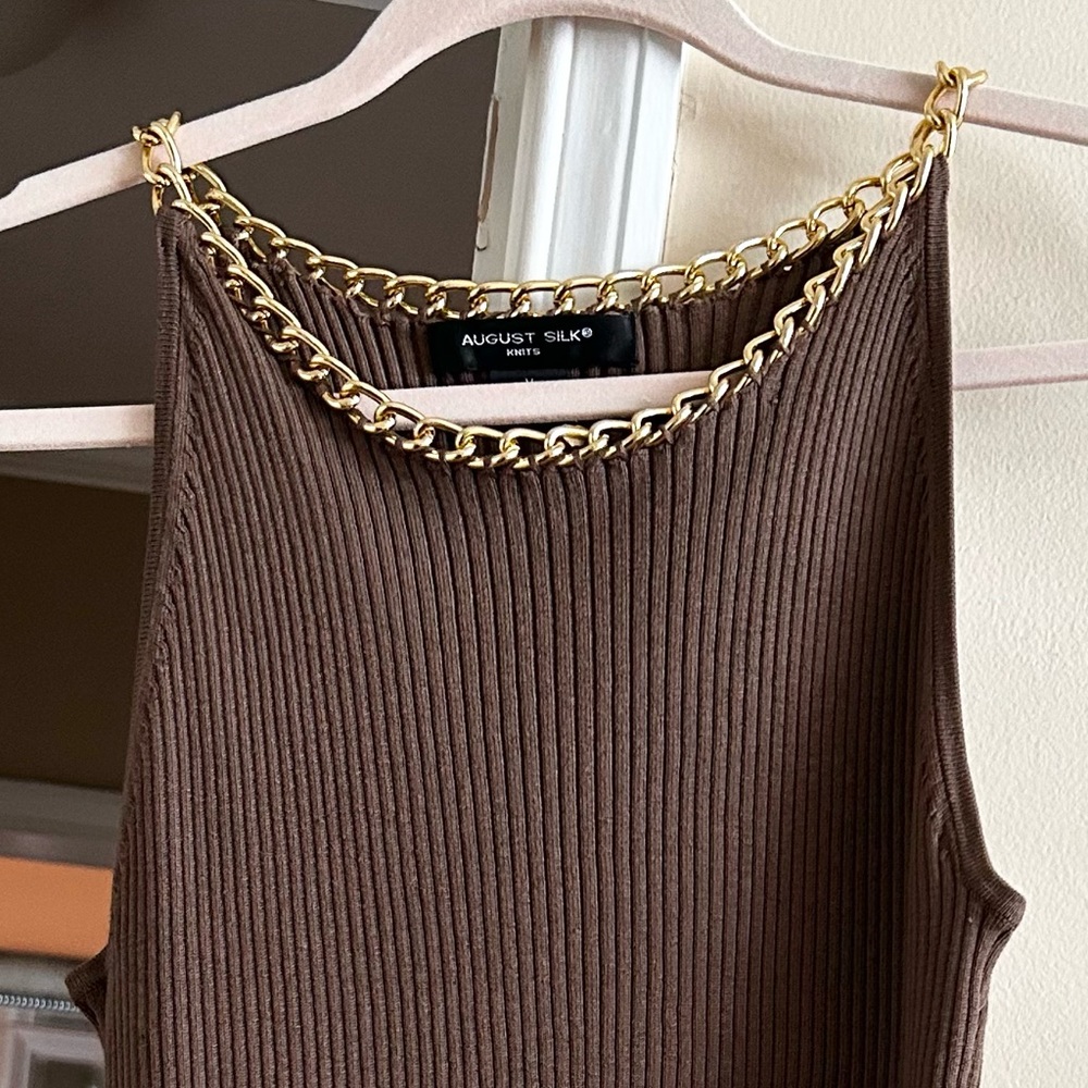 August Silk Knits Brown Stretch Gold Chain Collar Sleeveless Top, Size M